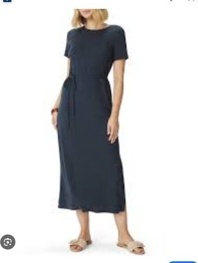 Club Monaco Navy Short-Sleeve Midi Dress with Tie Waist Women's SZ L New